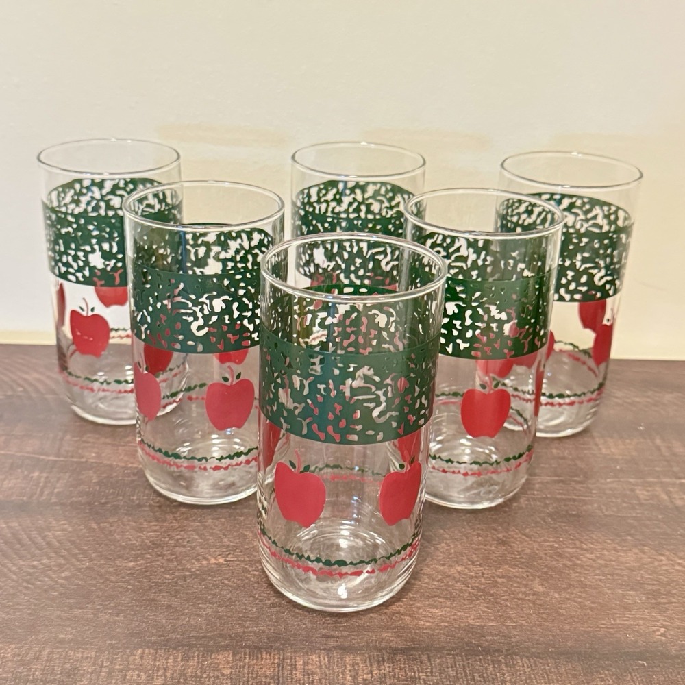 Vintage Libbey 16 oz Drinking Glass Tumblers Red Apple Design Set of 6